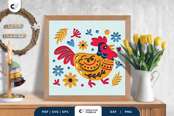 Chicken Folk Art 3D Shadow Box Paper Cut