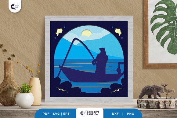 Man Fishing in the Lake 3D Shadow Box
