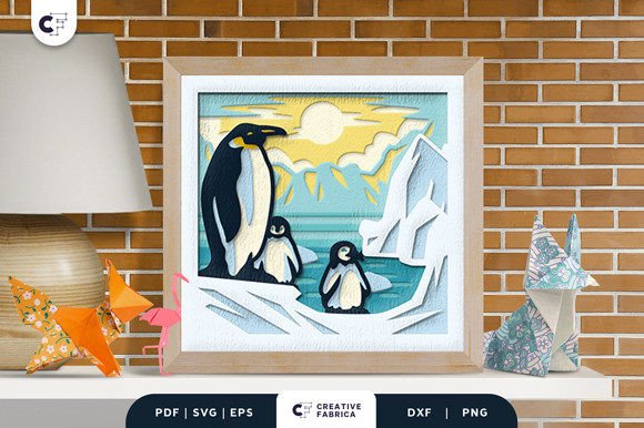 Penguin Family in the Wild 3D Shadow Box